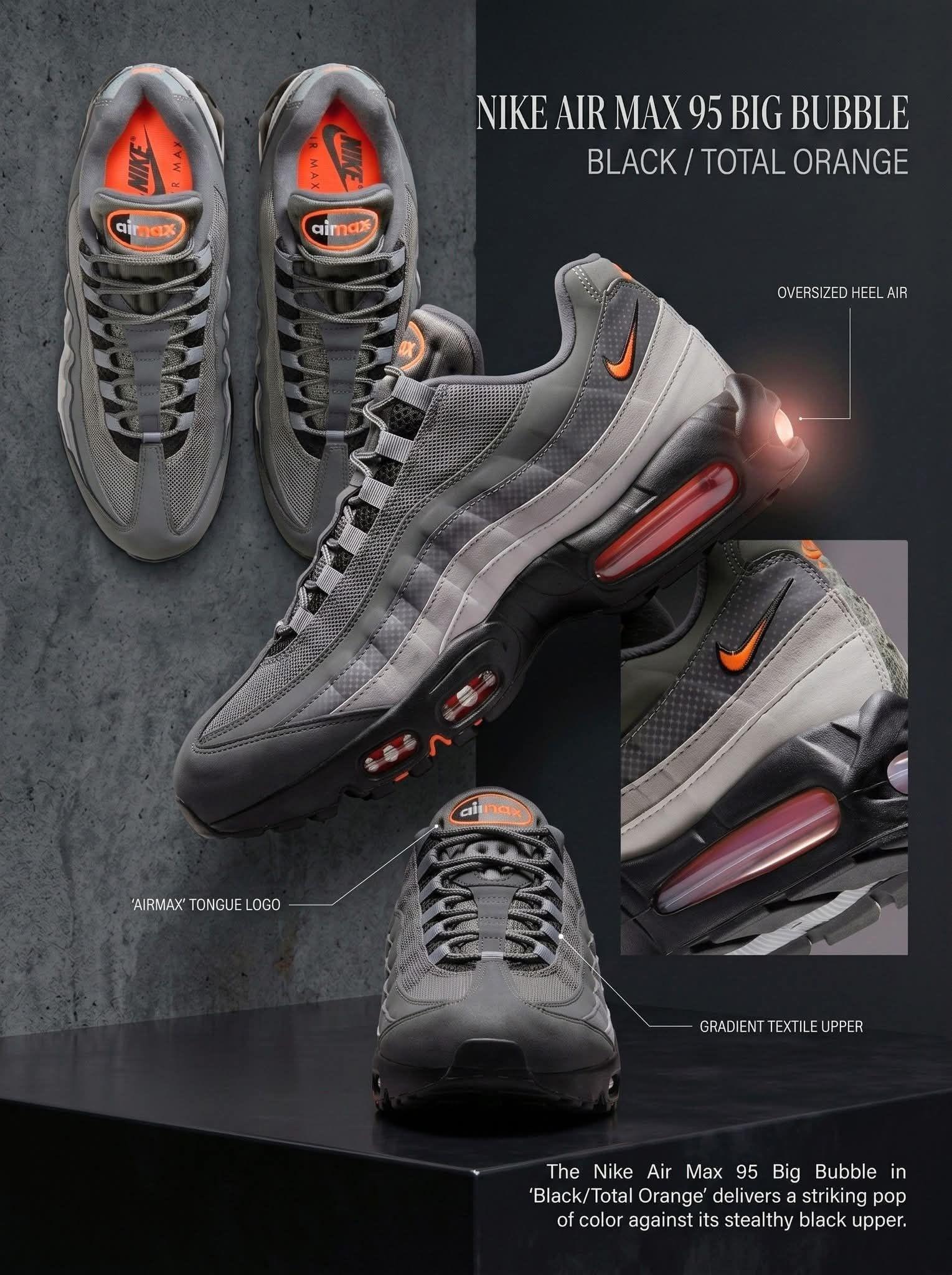 🔥NIKE Air Max 95「黑橙大泡泡」解析|复古跑鞋天花板,这波复刻太顶了